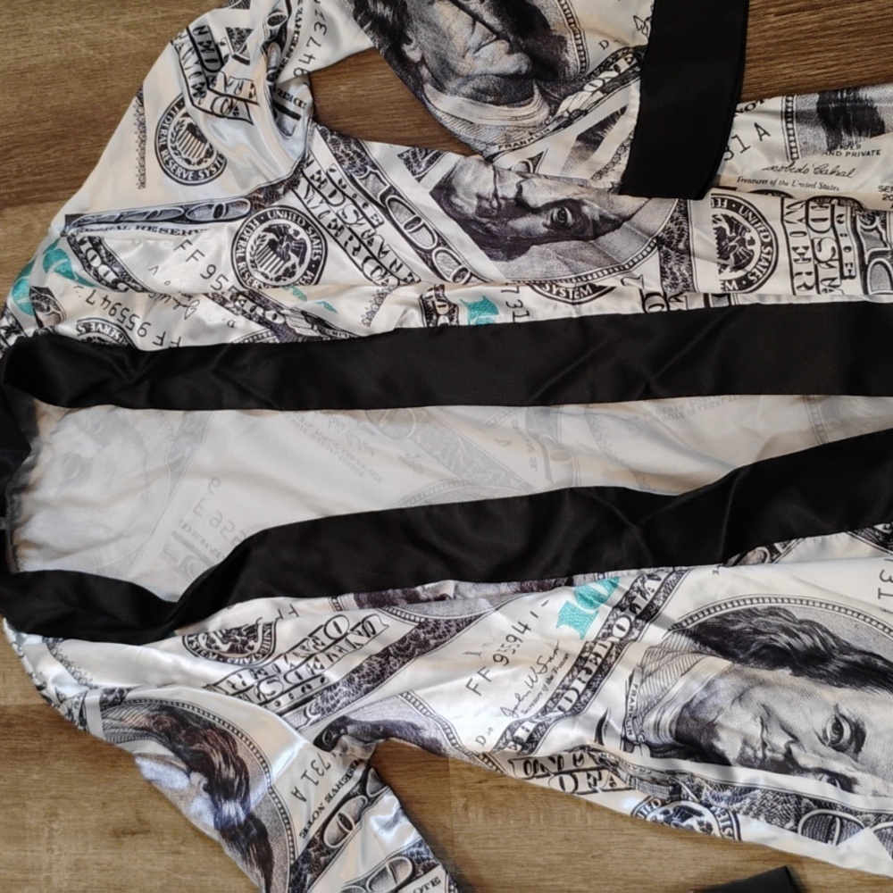 Money Print Satin Robe with Black Trim